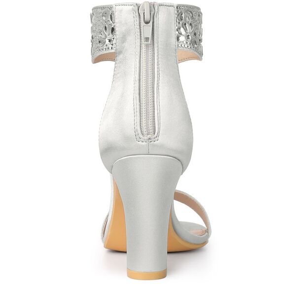 Women's Rhinestone Diamond Decor Crystal Ankle Strap Chunky Heel Sandals Silver - Picture 3 of 5